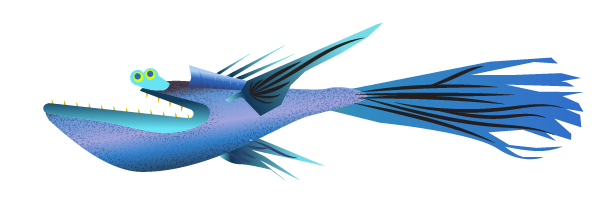 A blue fish with long fins and black markings.